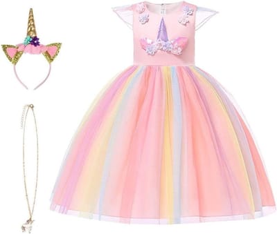 Unicorn Kostuum voor Meisjes, Prinses Eenhoorn Jurk met Sieraden en Hoofdband voor Verjaardagsfeestjes, Cosplay en Halloween, Leeftijd 2-10 Jaar