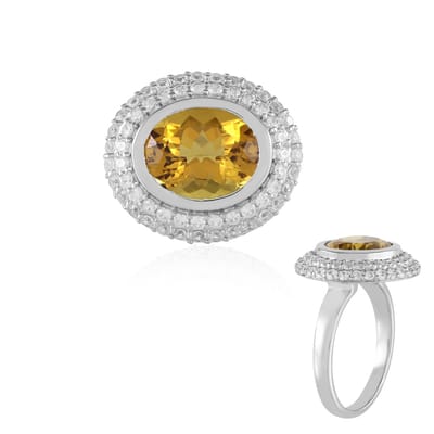 Cavill - Verstelbare Ring 925 Sterling Zilver - Platina Verguld - Braziliaanse Ovale Scapoliet 2,96 ct - 58 Pavé Zirkonia - Elegante Zilveren Sieraad