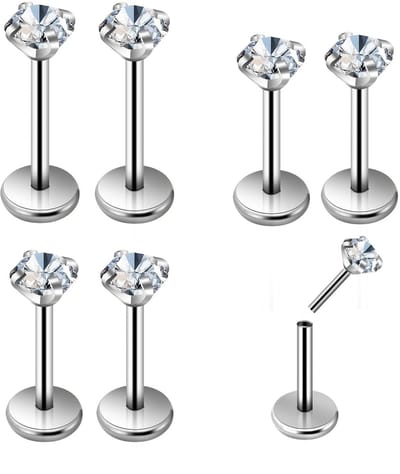 Dailygoods- Neuspiercings 6 stuks - Lippiercing/Medusa - Labret/Push-in-piercing - Bioflex - Roestvrij staal - Schitterende textuur/glans - Oorbellen