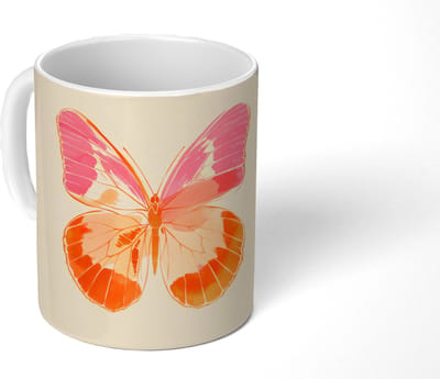 Mok - Koffiemok - Oranje - Vlinder - Minimalistisch - Mokken - 350 ML - Beker - Koffiemokken - Theemok