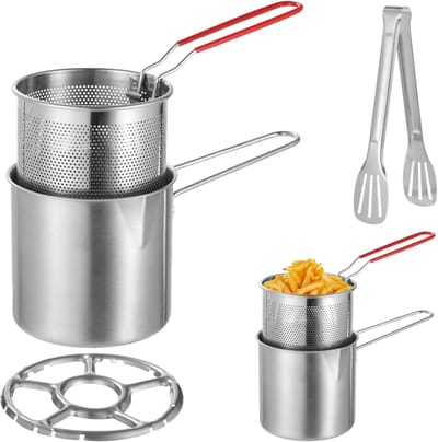 Kleine Friteuse - Frituurpan Set - Thuis Frituren - Inclusief Tang en Rek - 25.5 cm Diep - Zilver