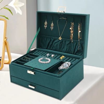 Mygroot - Luxe Sieraden box - 3 lagen - Bijouteriedoos Opbergbox - Juwelen Opbergdoos - Fanel - Donker Groen.