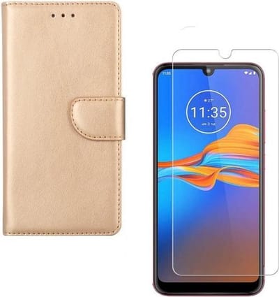 hoesje Geschikt voor: Motorola Moto E6S Portemonnee Goud met 2 stuks Glas Screen protector