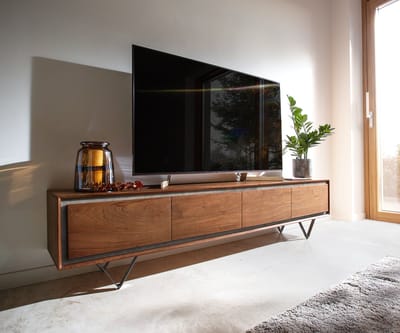 Tv-meubel Stonegrace acacia bruin steenfineer 200 cm 4 deuren V-poot zwart Tv-meubel