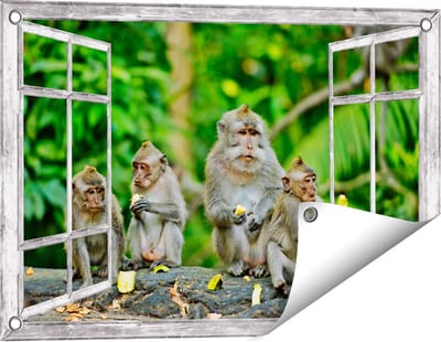 Gards Tuinposter Doorkijk Groep Apen Eten Bananen in het Bos - 60x40 cm - Tuindoek - Tuindecoratie - Wanddecoratie buiten - Tuinschilderij