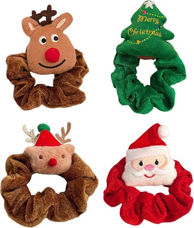 Thijox - 4 Stuks Kerst Haaraccessoires, Scrunchies en Haarbanden voor Meisjes, Pluizige Dames Haarband met Rendier en Kerstboom Design voor Feestdagen