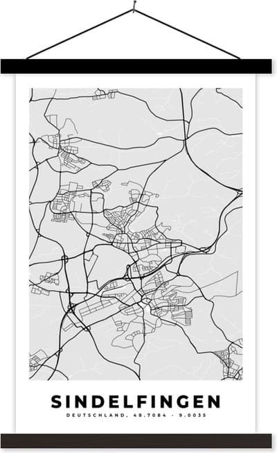 Posterhanger incl. Poster 40x60 cm - Schoolplaat - Plattegrond - Duitsland - Sindelfingen - Stadskaart - Kaart - Textielposter - Zwarte latten - Stadskaart