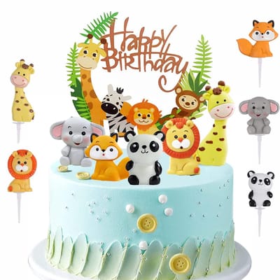 Dailygoody - Taartdecoratie - Bosdieren - Happy Birthday - 5 Dierenfiguren - Taartversiering - Realistisch Materiaal - Geschikt voor Verjaardag - 14 x