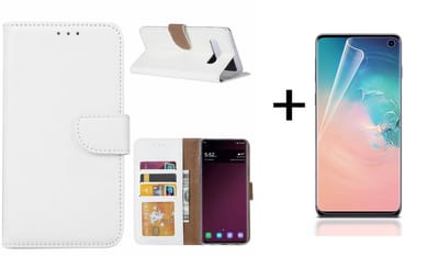 Ntech Hoesje Geschikt Voor Samsung Galaxy S10 portemonnee hoesje |met opbergvakjes Wit + PET Folie Screenprotector Clear