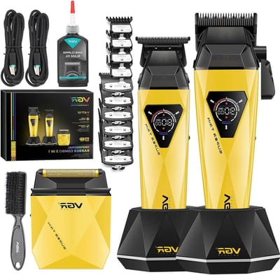 VGR 877S3 Professional Hair Clipper Set, Cordless Shaver with Titanium Coating, Men's Hair Clipper and Precision Trimmer with 8000/9000RPM Motor, Barber Set with Charging Dock, LED Display, Gold