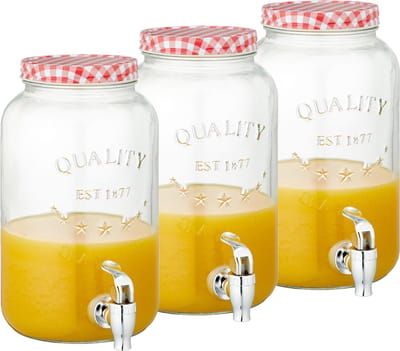 Set van 3x stuks glazen drankdispensers/limonadetap met rood/wit geblokte dop 3,5 liter - Tapkraantje