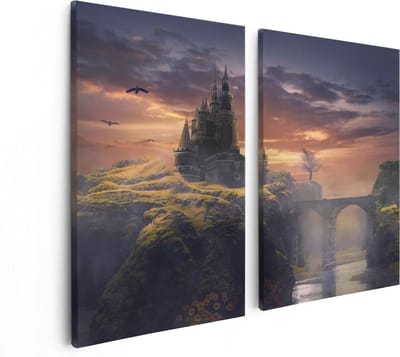 Artaza Canvas Schilderij Tweeluik Oud Kasteel op een Heuvel  - 80x60 - Foto Op Canvas - Canvas Print