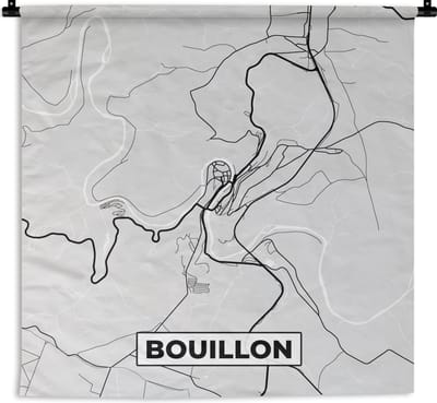 Wandkleed - Wanddoek - Zwart Wit – België – Plattegrond – Stadskaart – Kaart – Bouillon - 180x180 cm - Wandtapijt