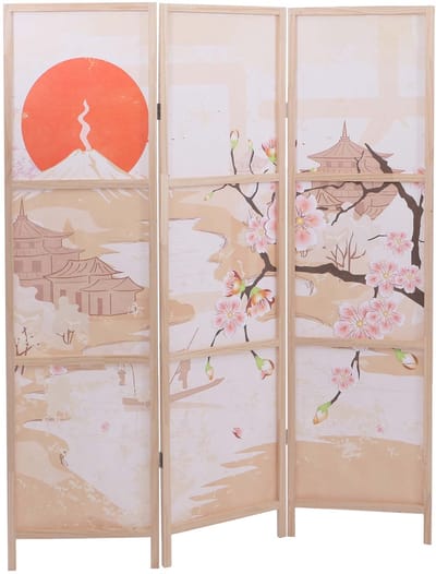 Paravent MCW-O70, scheidingswand, zichtbescherming, ruimteverdeling, natuurmotieven, hout, MVG, polyethyleen, 170 x 137 cm ~ kersenbloesems