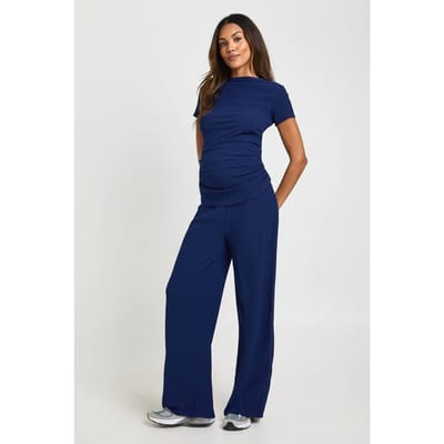boohoo Dames Zwangerschaps T-shirt met Gerimpelde Zijkant en Wijde Pijpen Co Ord | Marineblauw | Maat: 38