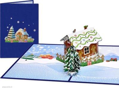 Popcards pop-up kaart – Kerstkaart Romantisch kersthuisje in sneeuwlandschap met Kerstboom en Cadeautjes pop-up kaart 3D wenskaart