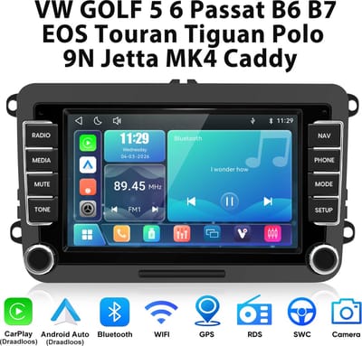 Junsun linux Draadloze CarPlay & Andriod Auto Autoradio Geschikt Voor VW GOLF 5 6 Passat B6 B7 EOS Touran Tiguan Polo 9N Jetta MK4 Caddy Accessoires , Bluetooth, GPS Navi, 7-inch Touchscreen, AirPlay, Stuurwielbediening, WiFi, USB, RDS, Plug & Play