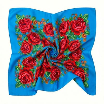 Hemelsblauwe bloemen bandana voor dames – vierkante bandana met rood bloemmotief – zachte lichtgewicht hoofddoek voor dagelijks gebruik