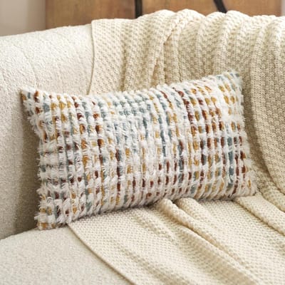 Kussensloop Chenille Boho - Decoratieve Kussenhoes - Bank Aankleden - Gestreept Patroon - 30 x 50 cm - Oranje Wit