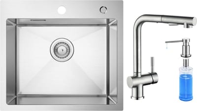 CECIPA max 50x45cm Spoelbak Keuken - Spoelbakken met Keukenkraan Met Uittrekbare Uitloop en Zeepdispenser 300ML- Gootsteen voor Roestvrij staal - Spoelbakken met afdruip - Zilver