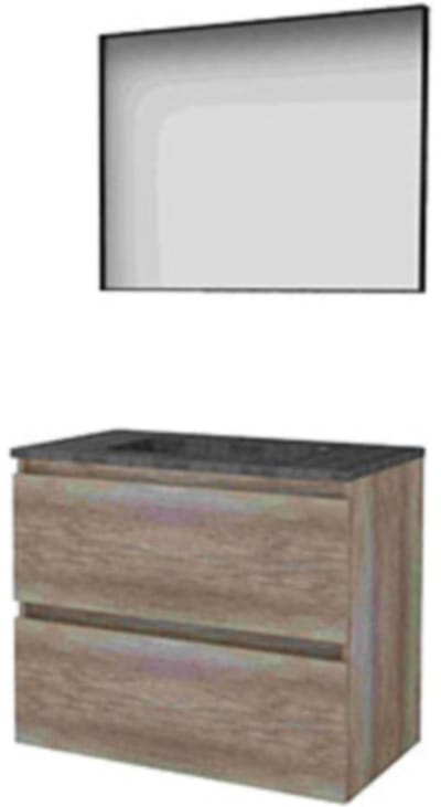 Basic-Line Framed 46 Badkamermeubelset - 80 x 46 cm - Greeploos - 2 Lades - Hardstenen Wastafel - Zonder Kraangat - Spiegel met Zwart Aluminium Frame - Scotch Oak