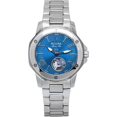 Montre Bulova Marine Star en acier inoxydable avec cadran bleu ouvert et bracelet automatique 98L317 100M pour femme bleu