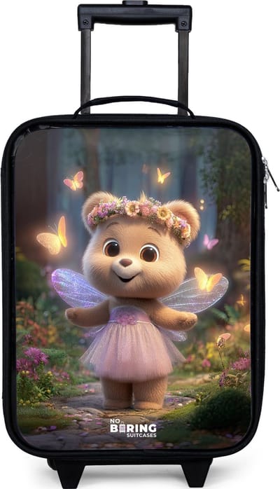 NoBoringSuitcases.com® - Kinderkoffer jongen - Kindertrolley meisje - Beer - Vlinders - Bos - Fairy - Koffer kind lichtgewicht - Reiskoffer trolley voor kinderen - Koffertje met lichtgevende wieltjes - Rolkoffer zwart