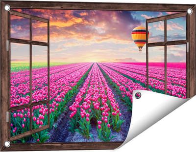Gards Tuinposter Doorkijk Bloemenveld met Roze Tulpen - Luchtballon - 60x40 cm - Tuindoek - Tuindecoratie - Wanddecoratie buiten - Tuinschilderij