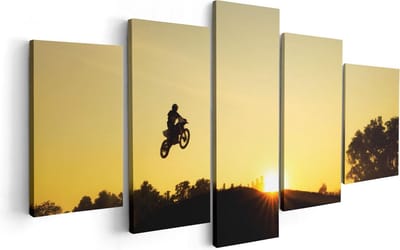 Artaza Canvas Schilderij Vijfluik Silhouet Van Een Motorcross Bij Zonsondergang - 100x50 - Foto Op Canvas - Canvas Print