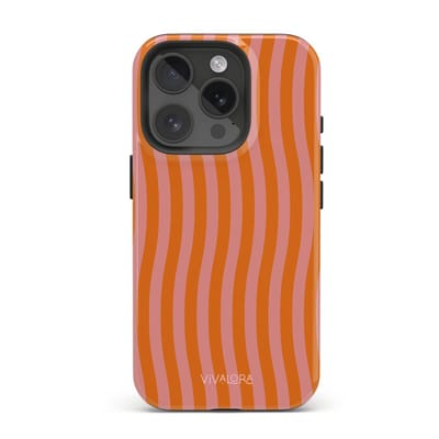 VivaLora Tough Telefoonhoesje iPhone 15 Pro met MagSafe - Tropical Dream Print - 2-in-1 Phone Case - Hard Case & Siliconen Back - Extra Bescherming - Shockproof - Golvende strepen - Roze/Oranje