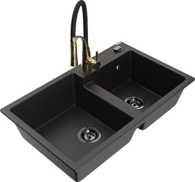 Mexen Tomas granieten gootsteen met 2 spoelbakken en keukenmengkraan Aster, zwart/gouden metallic - 6516-75-73450-57-B