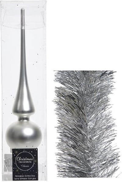 Kerstversiering glazen piek mat 26 cm en folieslingers pakket zilver van 3x stuks - Kerstboomversiering