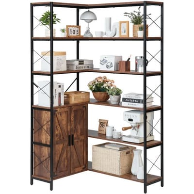 VEVOR 6-laags hoekschap, hoge hoekstandaard met deuren, L-vormig opbergrek met metalen frame en houten planken, staande boekenplank voor slaapkamer, woonkamer, kantoor, bruin