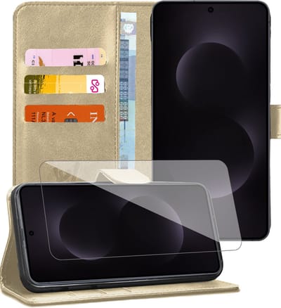 Hoesje geschikt voor Samsung Galaxy S25 Edge - Screenprotector Glas - Portemonnee Book Case Goud