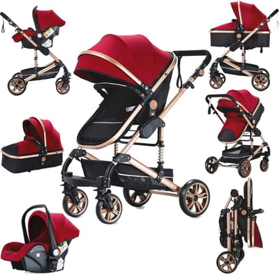 3-in-1 Kinderwagen Met Omkeerbare Duwstang - Opvouwbare Combi Kinderwagen Voor Pasgeborenen Tot Peuters - Comfortabele & Veilige Rit Met Aluminium Frame