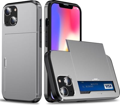 Hoesje met Kaarthouder Slider Geschikt voor Apple iPhone 14 | Pasjeshouder Achterkant | Kaarthouder voor twee á drie pasjes | Grijs