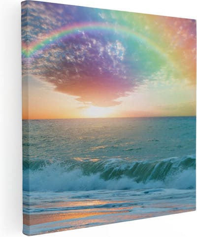 Artaza Canvas Schilderij Zeezicht - 30x30 cm - Klein - Muurdecoratie Strand - Wanddecoratie Golven - Kamer Accessoires Regenboog