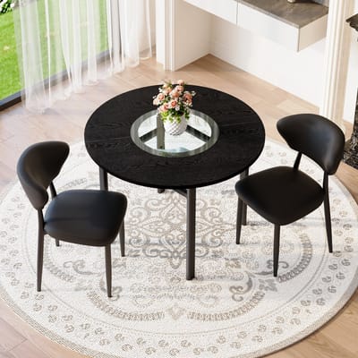 Minimalistische ronde tafelset (met 2 zwarte fauteuils van PU-materiaal en gebogen comfortabele rugleuning), ronde tafel met een diameter van 100 cm in zwart houtlook, geschikt voor de woonkamer etc.