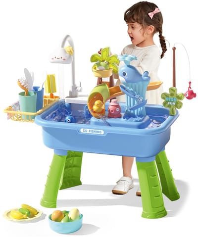 Blauw Watertafel met pomp voor peuters 1–3 jaar, speelkeuken met werkende elektrische wasbak voor kinderen 4–8 jaar, inclusief speelgroenten, bestek en visspel