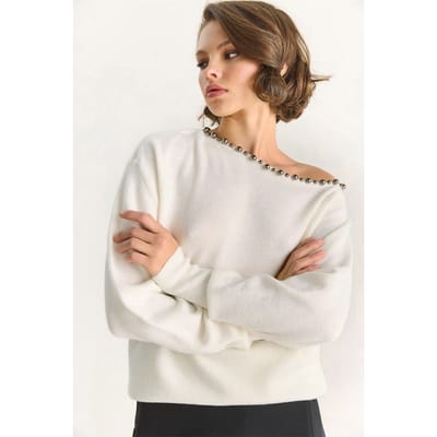 Asymmetrische Kraag Accessoire Gedetailleerde Gebreide Trui