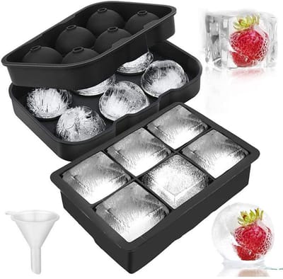 Set van 2 siliconen ijsblokjesvormen - Rond en Vierkant - Met trechter - IJsblokjesvorm - Geschikt voor in de vriezer - Herbruikbaar - Gemakkelijk te verwijderen - Geschikt voor whisky, cocktails, bourbon, brandewijn - Zwart