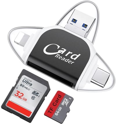 4 IN 1 8-Pin + USB + USB-C + Micro-USB naar SD + Micro-SD (tf) kaartlezer adapter kabel - cardreader geheugenkaart lezer - voor o.a. iPhone en laptop - zwart
