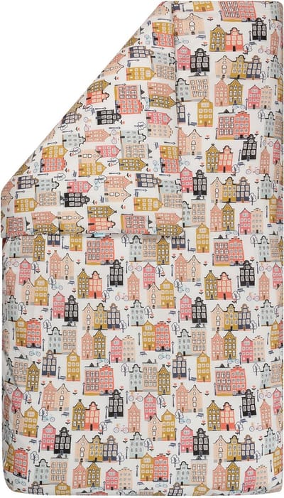 BINK Bedding Dekbedovertrek Adam 100 x 135 cm exclusief sloop - tweezijdig - huisjes - grachtenpand - vrolijke print - peach - blue - mosterdgeel - roze - zwart - Nederlands - Dutch - baby - peuter - ledikant