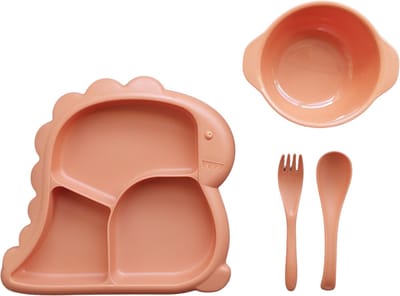 Kinderservies - Baby servies - 4-delig set - bord - kom - vork - lepel - Dino oranje
