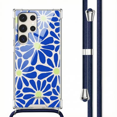 imoshion Hoesje - Geschikt voor Samsung Galaxy S23 Ultra - Design Hoesje met Koord - Cobalt Blue Flowers Connect