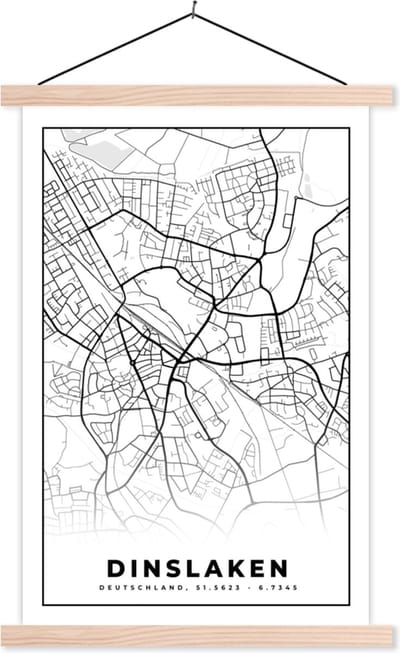 Posterhanger incl. Poster 40x60 cm - Schoolplaat - Stadskaart - Kaart - Dinslaken - Plattegrond - Textielposter - Blanke latten - Stadskaart