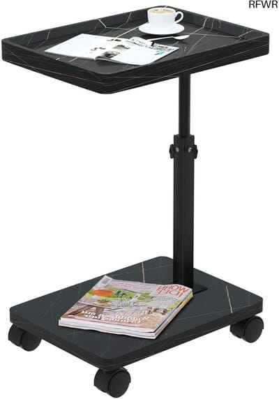 RFWR® Verstelbare Bijzettafel met Wieltjes en 360° Draaiend Blad - C-vormige Houten Koffietafel voor Woonkamer