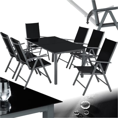 tectake® Tuinset - Tuintafel met Tuinstoelen - 6 Stoelen en 1 Tuintafel met Glazen Blad - Weerbestendige Tuinmeubelset voor het balkon of tuin - 6 Personen - Antraciet