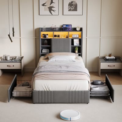 Kinderbed gestoffeerd 90x200cm met LED & USB & 2 lades, moderne opbergruimte aan het hoofd, meisjesbed, jeugdbed, linnen stof, lattenbodem, zonder matras