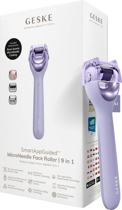 GESKE | SmartAppGuided™ MicroNeedle Face Roller | 9 in 1 | met rozenkwarts | Microneedling | Professioneel Microneedling-apparaat | Naaldroller | Schoonheidsrollergezicht | Micronaaldroller